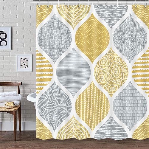 Miniatura 10 de Cortina de ducha azul y gris para baño, azul claro, blanco, gris oscuro, azul marino, bohemio, elegante, patrón geométrico, juego de cortinas de