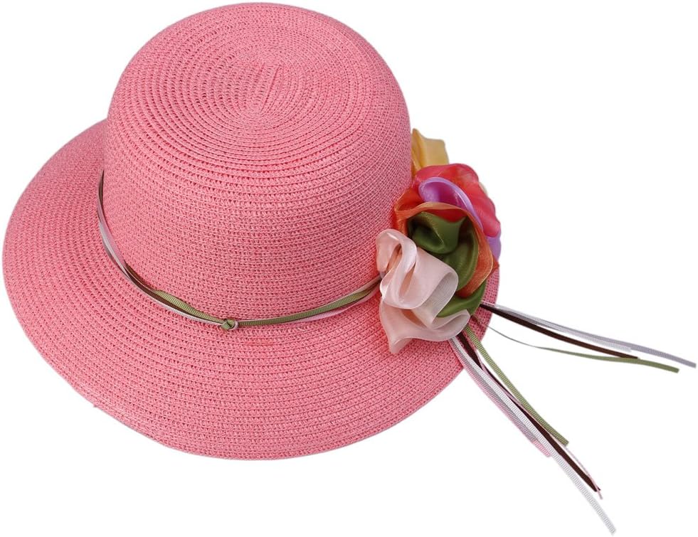 Bigood Floppy Bowler Derby Hat Wide Brim Straw Cap Sun Flower Ribbon Pink