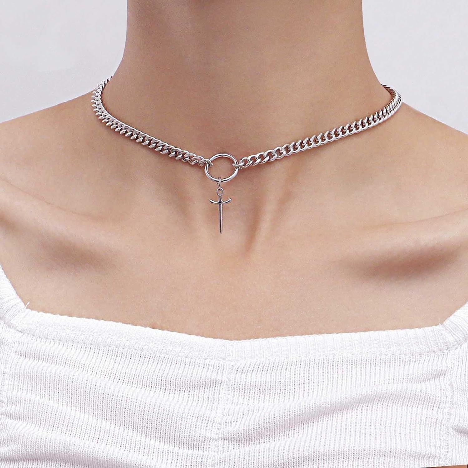 Punk Cross Sword Choker Necklace Silver Dagger Cross Pendant Necklaces Metal Knife Curb Collar Necklaces Chunky Sword Cuban Curb Chain Necklace Jewelry for Women - Image 2
