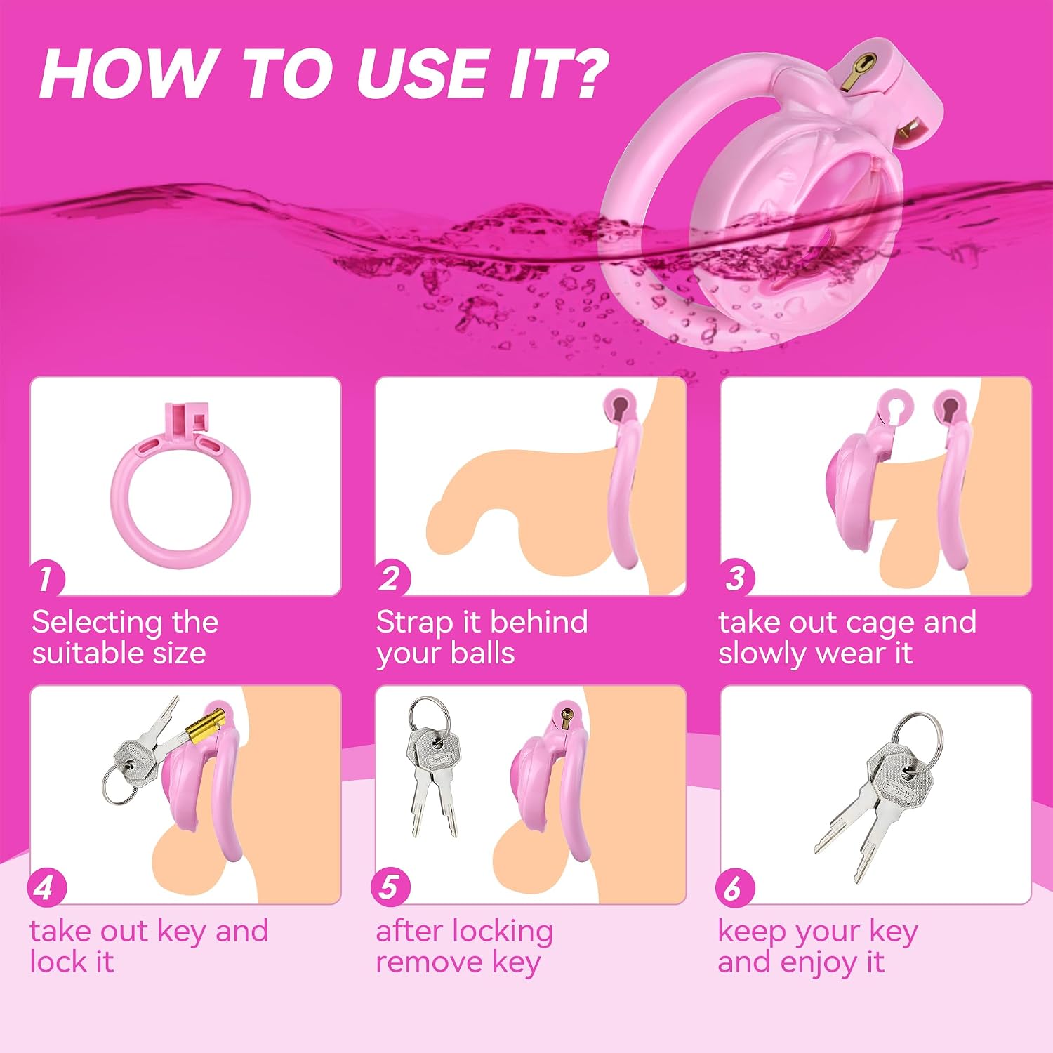 Flat Chastity Cage, Pink Chastity Cage Devices with 4 Cock Rings, Smooth Resin Cock Cage for Penis Exercise, Lightweight BDSM Sissy Sex Toys for Man (Pink)