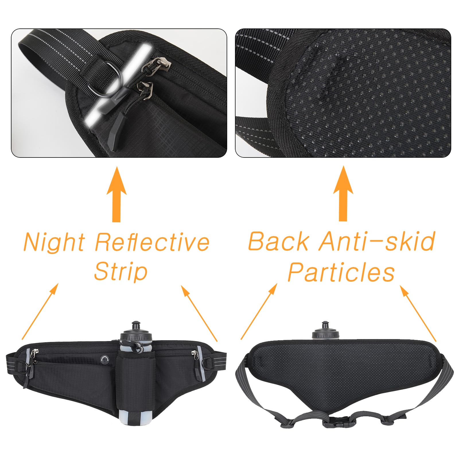 Sac banane de course réglable avec porte-bouteille pliable (bouteilles non incluses), pochette résistante à l'eau, pour marathon, jogging, cyclisme, randonnée, noir, Adjustable from 27.55 inches to