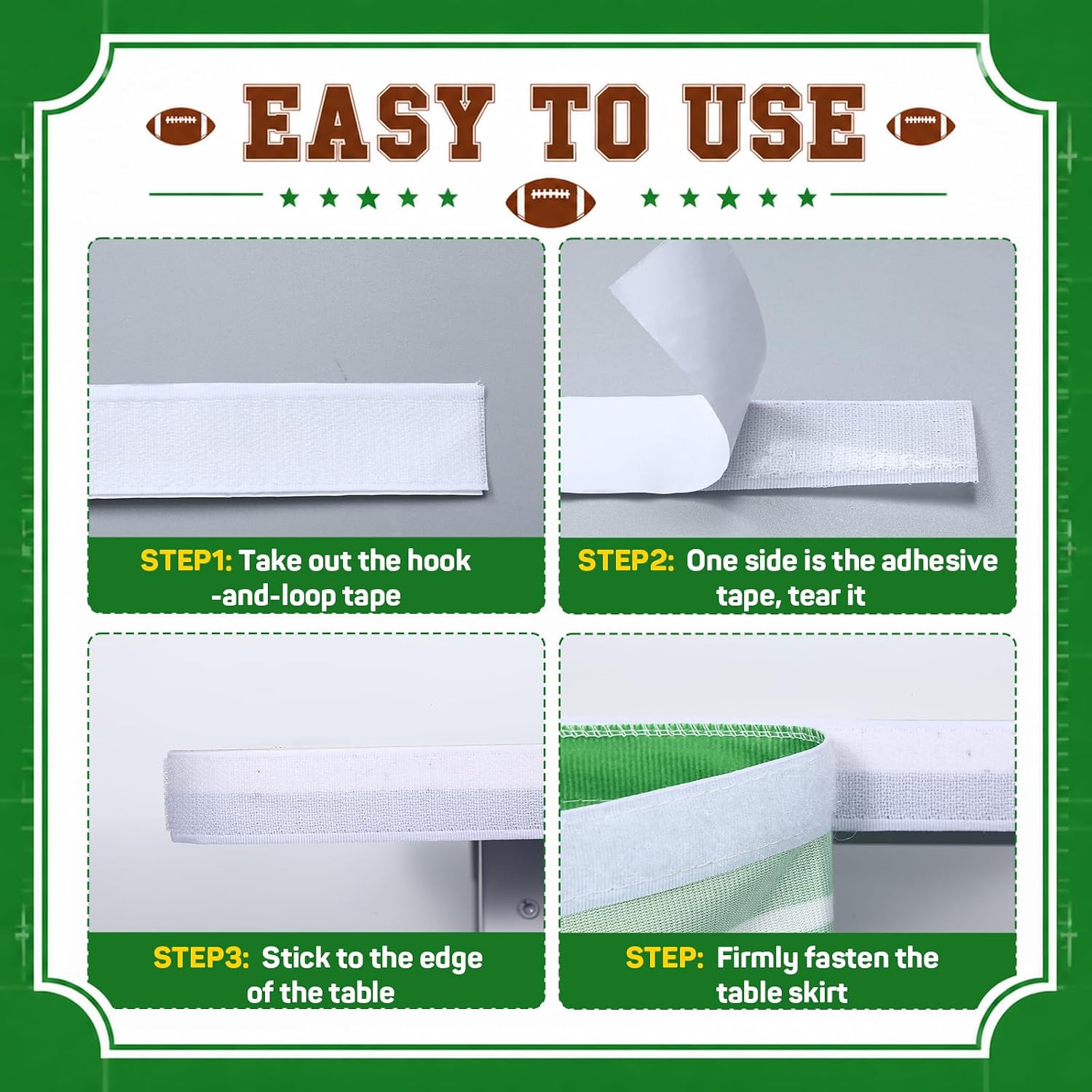 OBUSATT Reusable Fabric Football Table Skirt 9 x 2.5FT Touchdown Green Football Field Table Cover Washable Cloth Table Skirt for Football Game Day Tailgate Sports Birthday Party Decorations Supplies image 4
