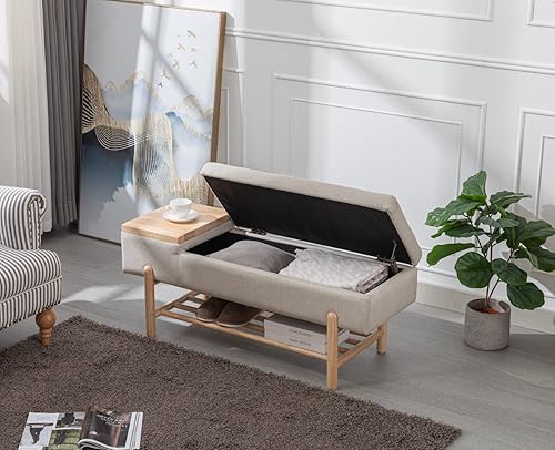 Miniatura 6 de Banco de entrada, moderno banco otomano tapizado con tapa abatible de tela de lino, banco otomano con marco de madera/estante para sala de estar,