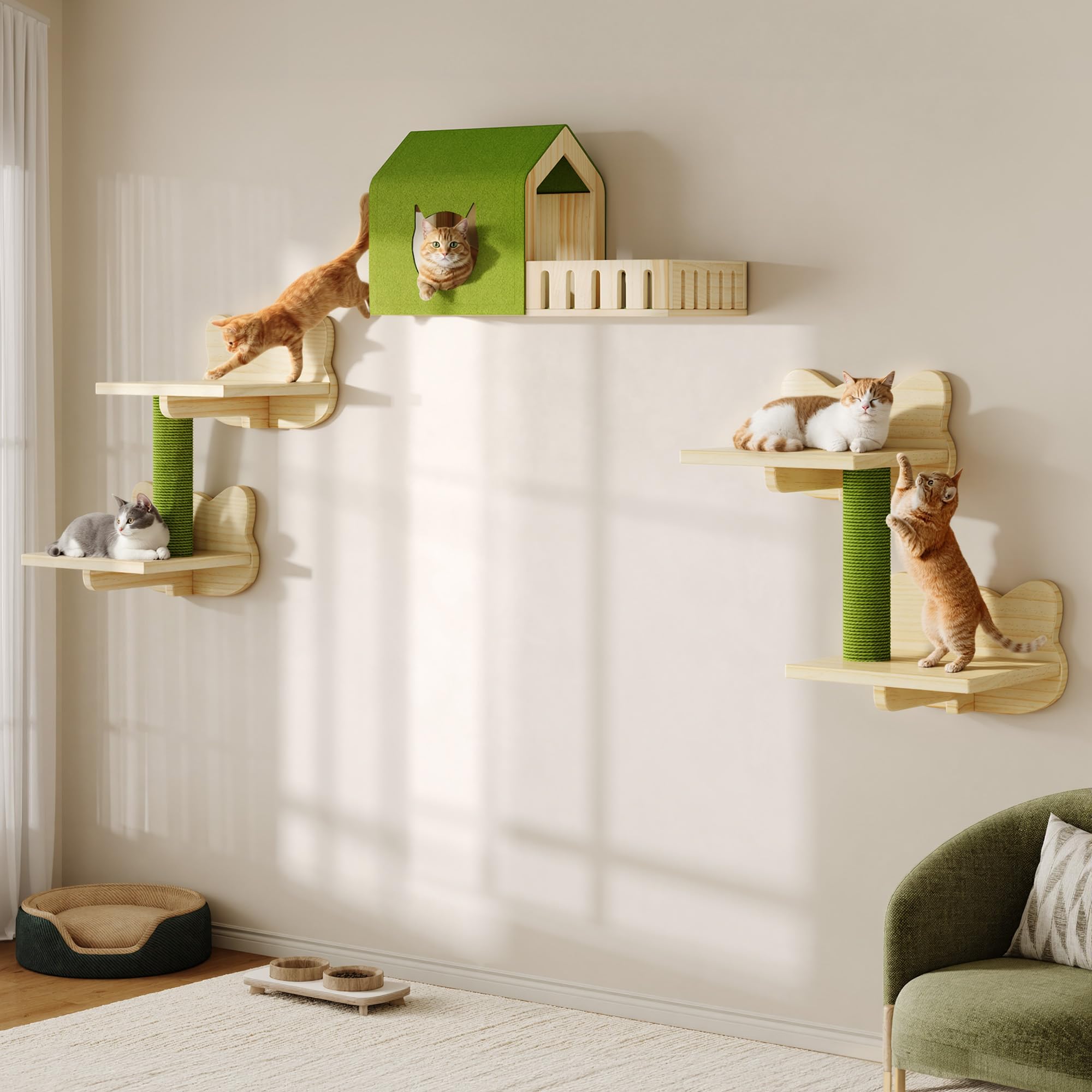 YITAHOME Set da parete per gatti in legno stabile, 5 pezzi, elementi da parete per gatti, con casetta per gatti, per dormire, giocare e riposare