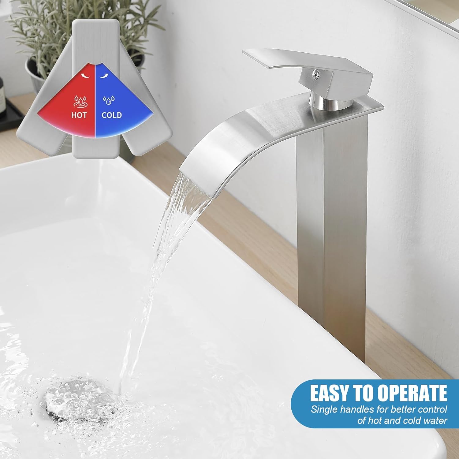 RUMOSE Tall Brushed Nickel Bathroom Faucet with Pop Up Drain Modern Single Handle One Hole Bathroom Vessel Sink Faucet Waterfall Spout Rv Lavatory Vanity Faucet Deck Mount Mixer Tap, Stainless Steel - Image 4