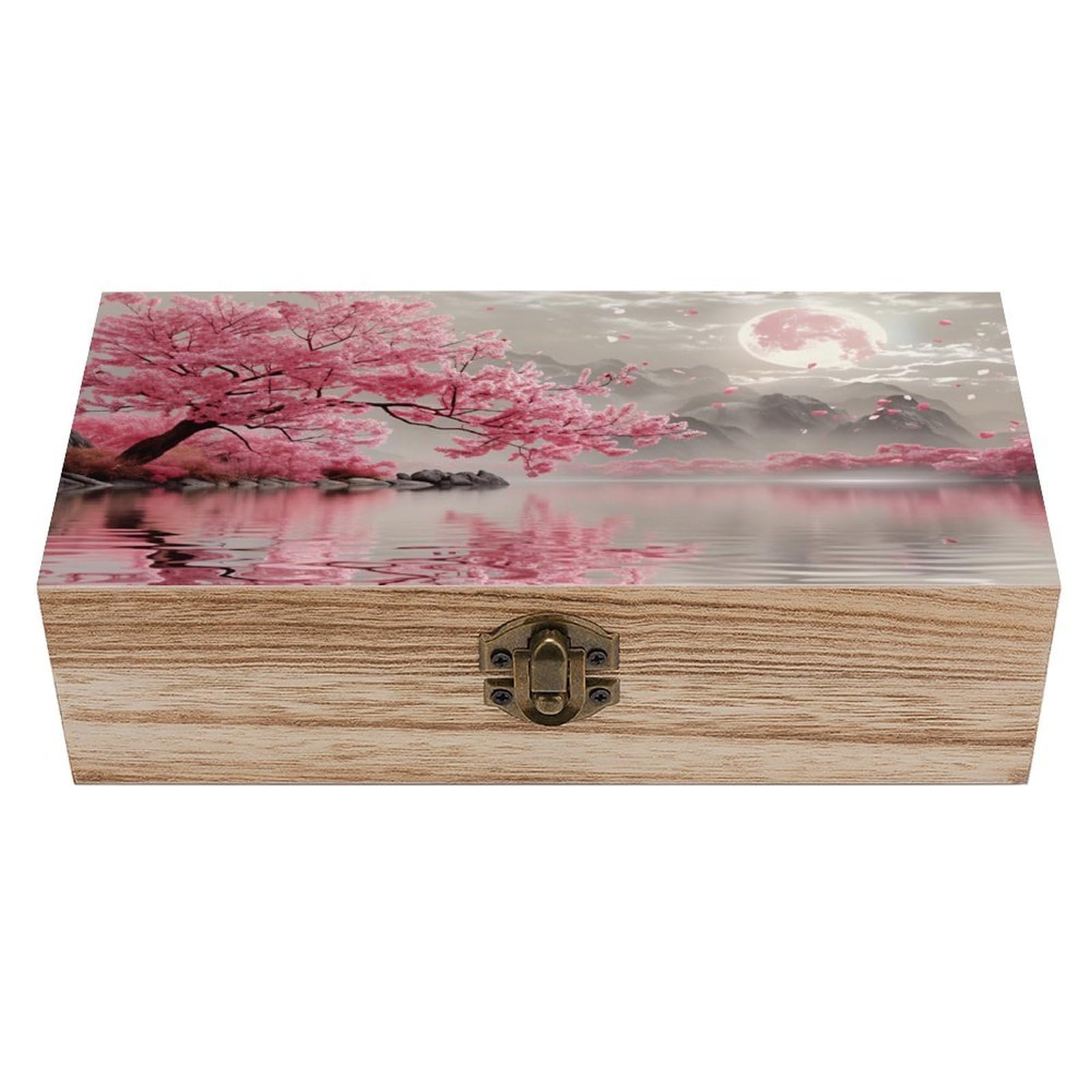 peiyeety Pink Cherry Blossom Tree Rustic Wooden Jewelry Box with Hinged Lid - Vintage Natural Wood Keepsake Trinket Storage Organizer Gift Box, 7.9×3.9×2.3 Inch