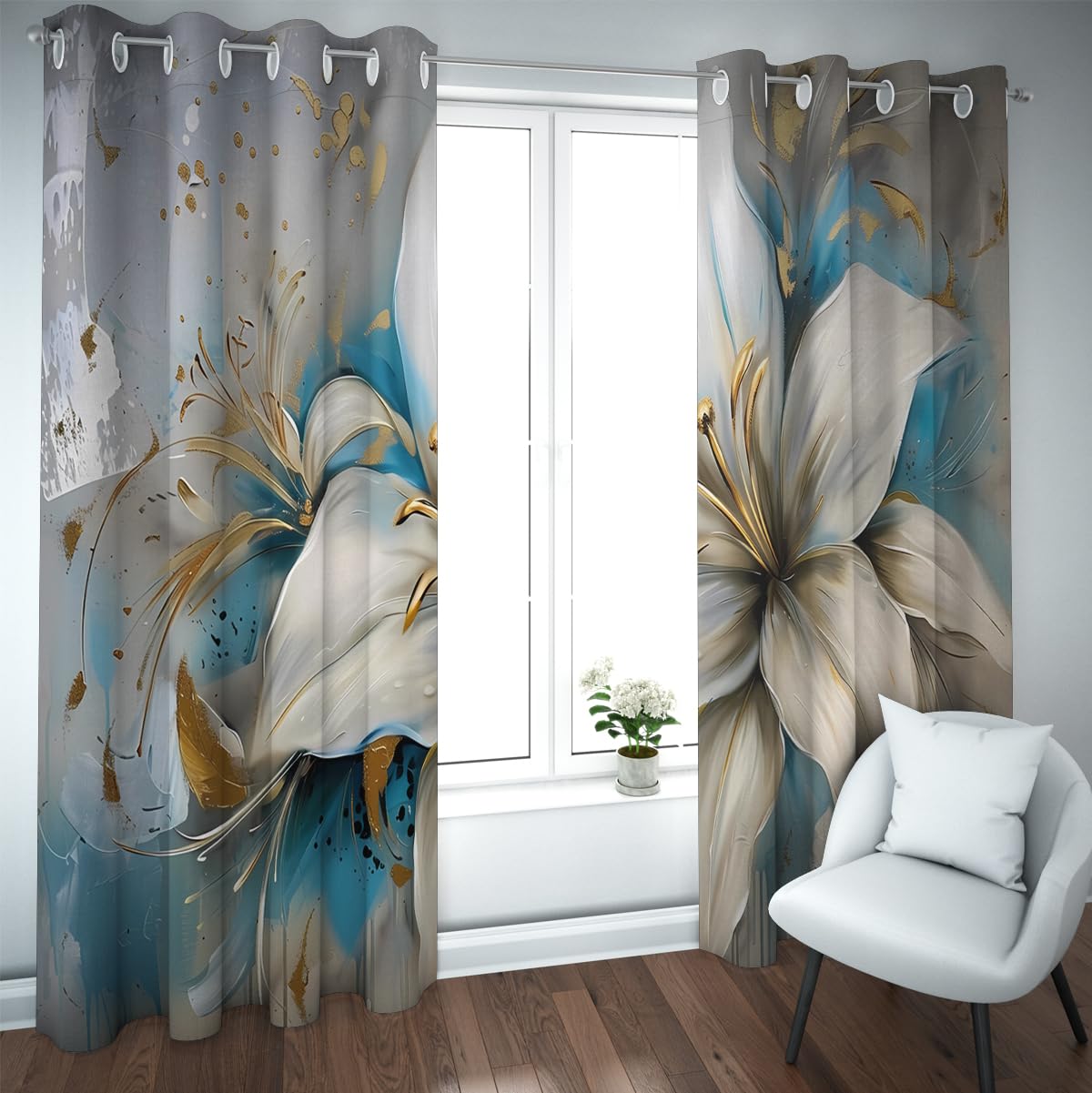 Rideaux floraux bleus et dorés pour sublimer l'ambiance d'un salon chaleureux