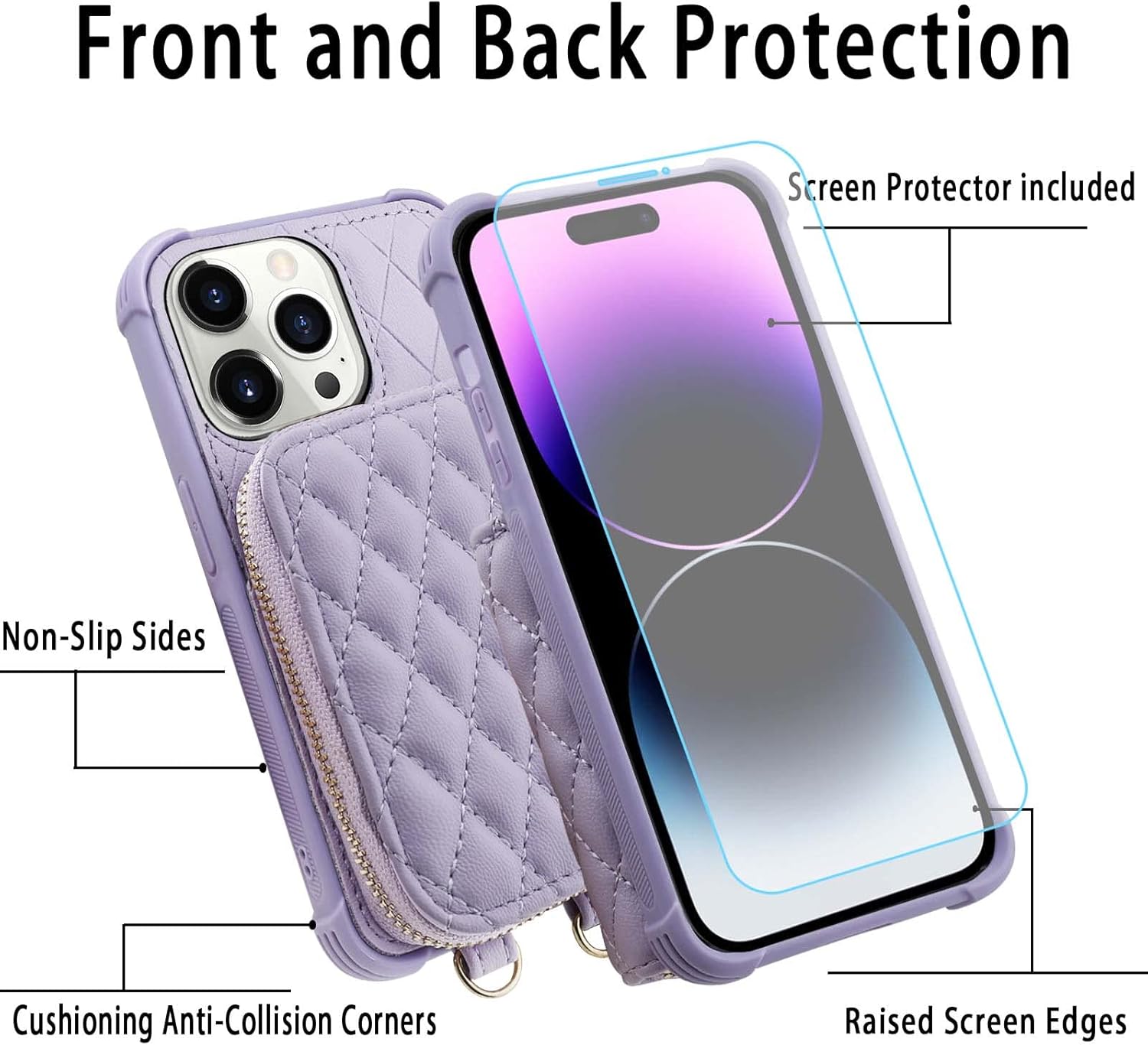 MONASAY Zipper Wallet Case Fit for iPhone 14 Pro Max, 6.7in [Glass Screen Protector ][RFID Blocking] Flip Leather Handbag Phone Cover with Card Holder and Crossbody Lanyard Strap, Light Purple