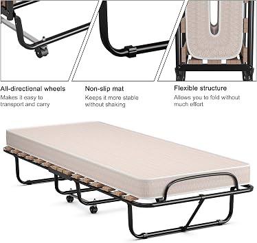 KOMFOTT Folding Rollaway Bed with 4 Inch Mattress, Foldable Bed with Memory Foam Mattress for Adults, Portable Fold Up Guest Bed with Sturdy Steel Frame on Wheels for Home & Office, Made in Italy
