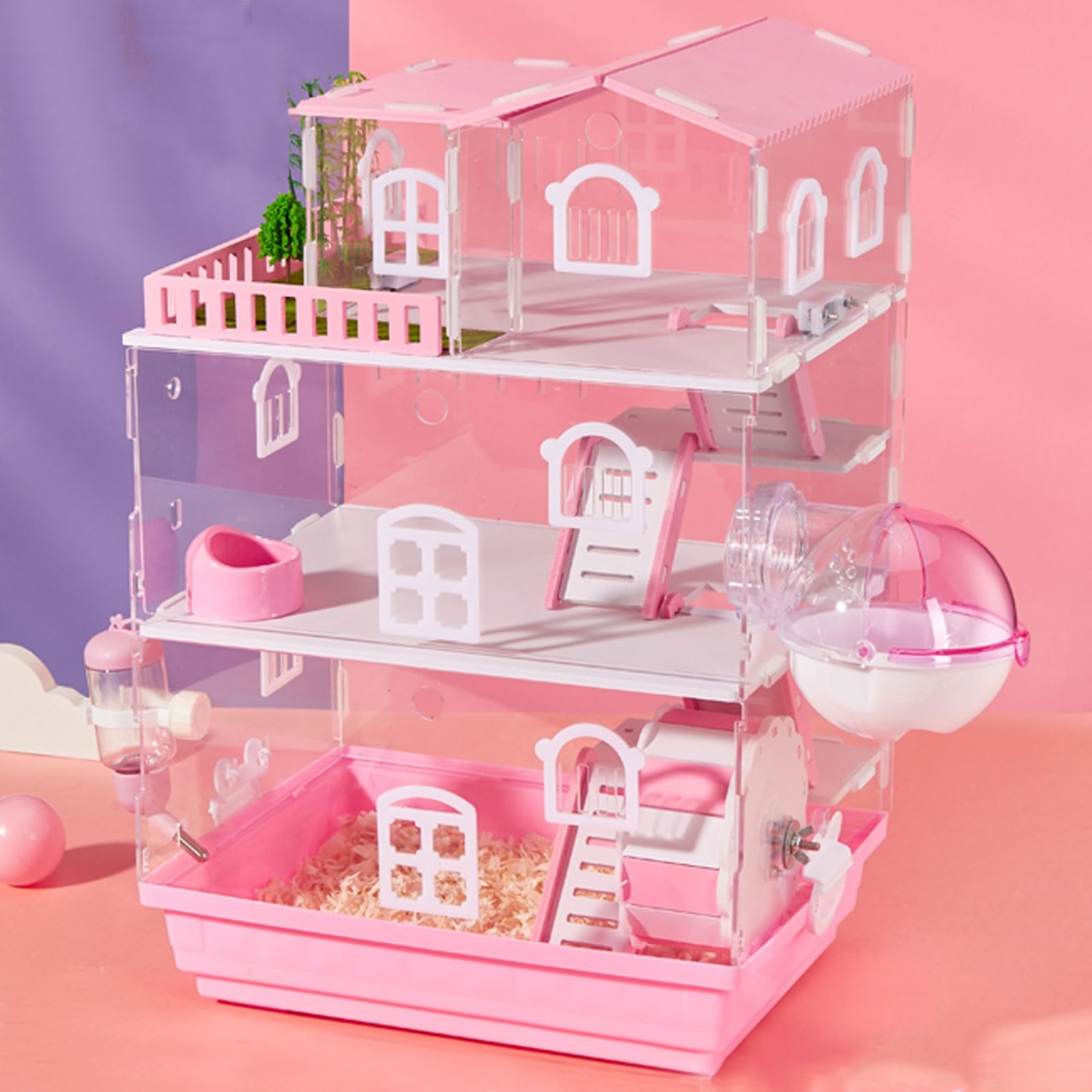 XIAOZHUANGXIONG Hamster Cages And Habitats, Indoor Outdoor Guinea Pig Cage with Kettle, Food Bowl, Two Layers, Three Layers Optional, Transparent Hamster Cage (Color : Pink, Size : 3 layer c)