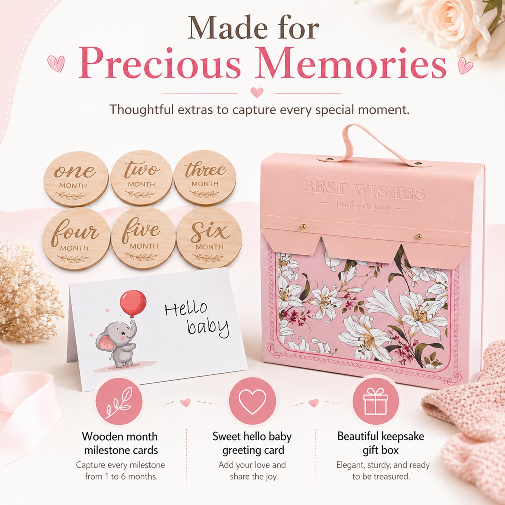 Coffret baptême bébé 15 pièces : couverture, body, hochet, doudou, brosse en bois, cartes étapes, bavoir, chaussettes antidérapantes et boîte souvenir. Rose.