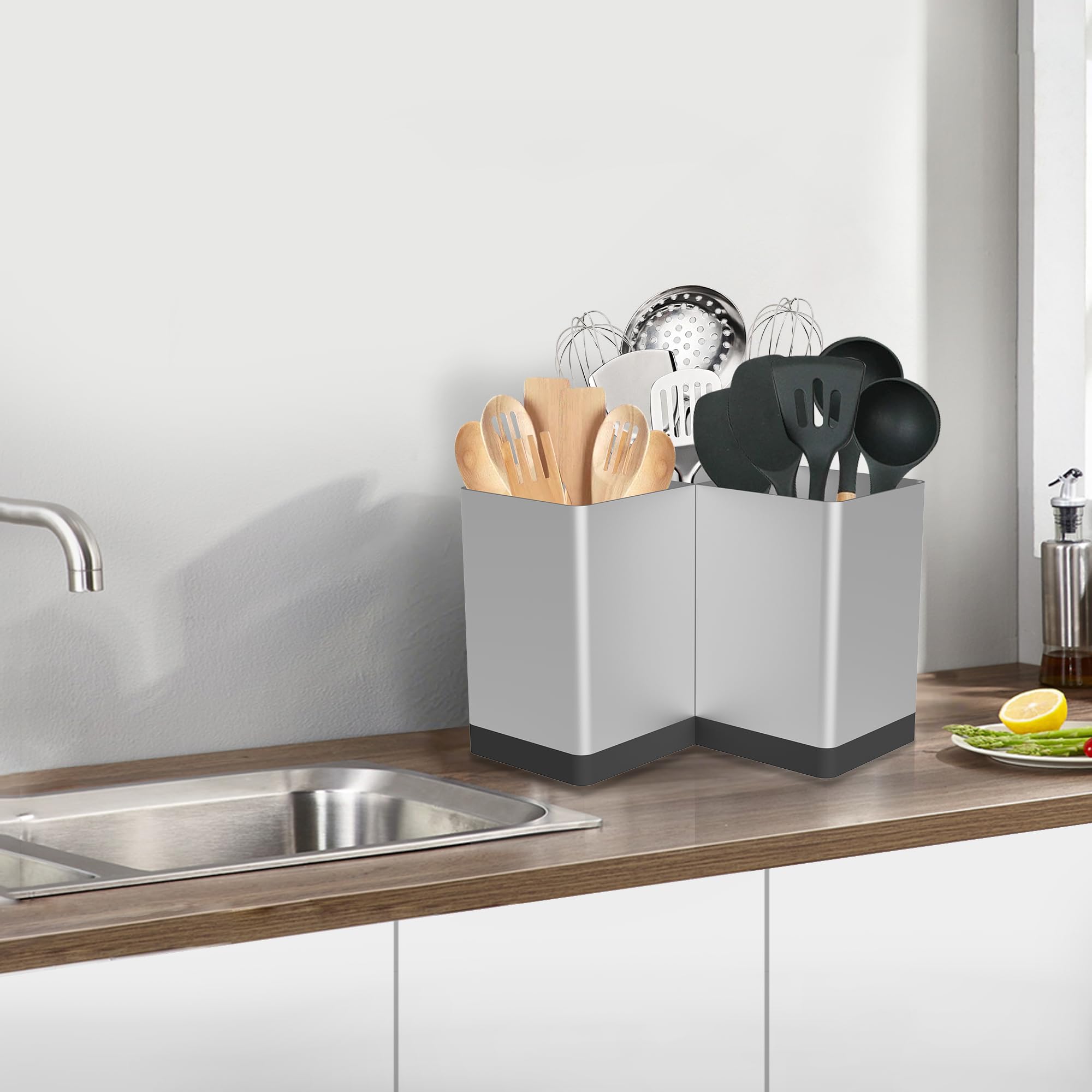 Suli Porte-ustensiles de cuisine extra large avec 3 compartiment,métal,Argenté