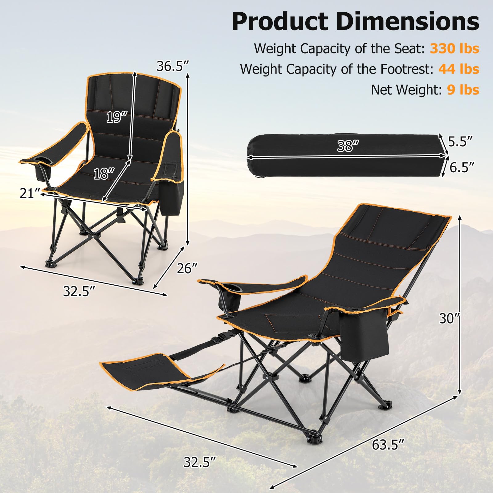 Outsunny Chaise De Camping Chaise De Pêche Pliante Et Portable, Dossier Haut, Coussin Amovible Et Sac De Transport, Pour Jardin, Randonnée, Pêche, Plage Et Pique-Nique, 59x67x96cm, Noir
