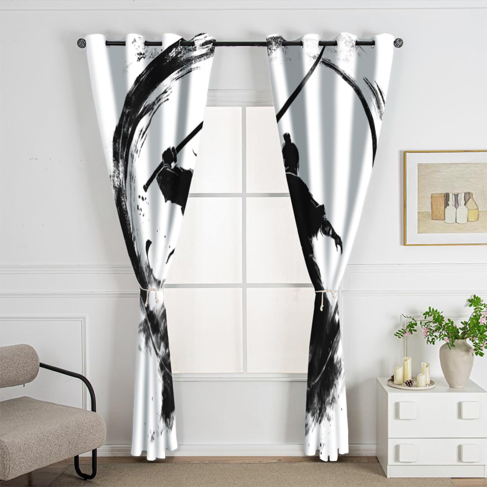 Schwertkämpfer Blickdichte Vorhänge, Samurai mit Schwert Wohnzimmer Schiebevorhänge, Schwarze Silhouette Kinderzimmer Vorhänge, Minimalismus Ösen Verdunkelungsvorhänge B140 x H220cm 2 Paneele