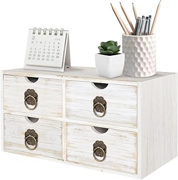 Wood Desk Organizer, White Wooden Desktop Organizer with Drawer, Tabletop Storage Organization Box for Countertop, Home Office Supplies Bills, 13.5x6.6x7.09 Inch4 Drawer