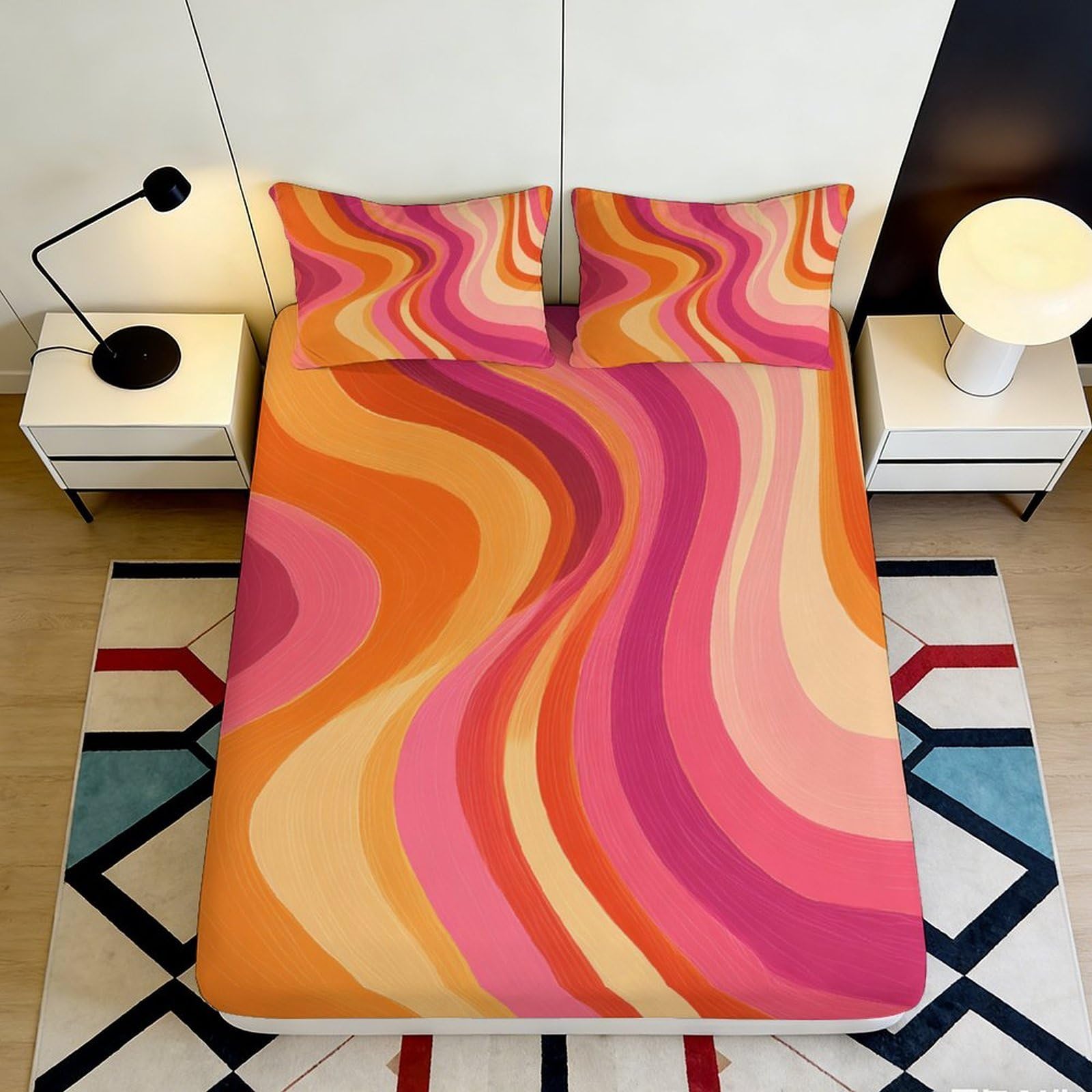 Pnayamiorkfel Style-6 3D Printed Retro Wave Fitted Sheet Microfiber Soft Orange Pink Swirl Mattress Cover For Bedroom Dorm Decor 90X200x25cm