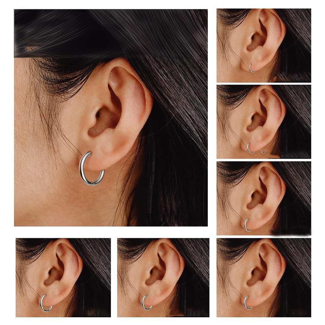 7 pares de pendientes de aro de plata para hombres y mujeres, Pendientes de Aro de Cartílago, Pendientes de Aro Pequeños de Acero Inoxidable para unisexo, ligero, hipoalergénico, 8-20 mm, plata