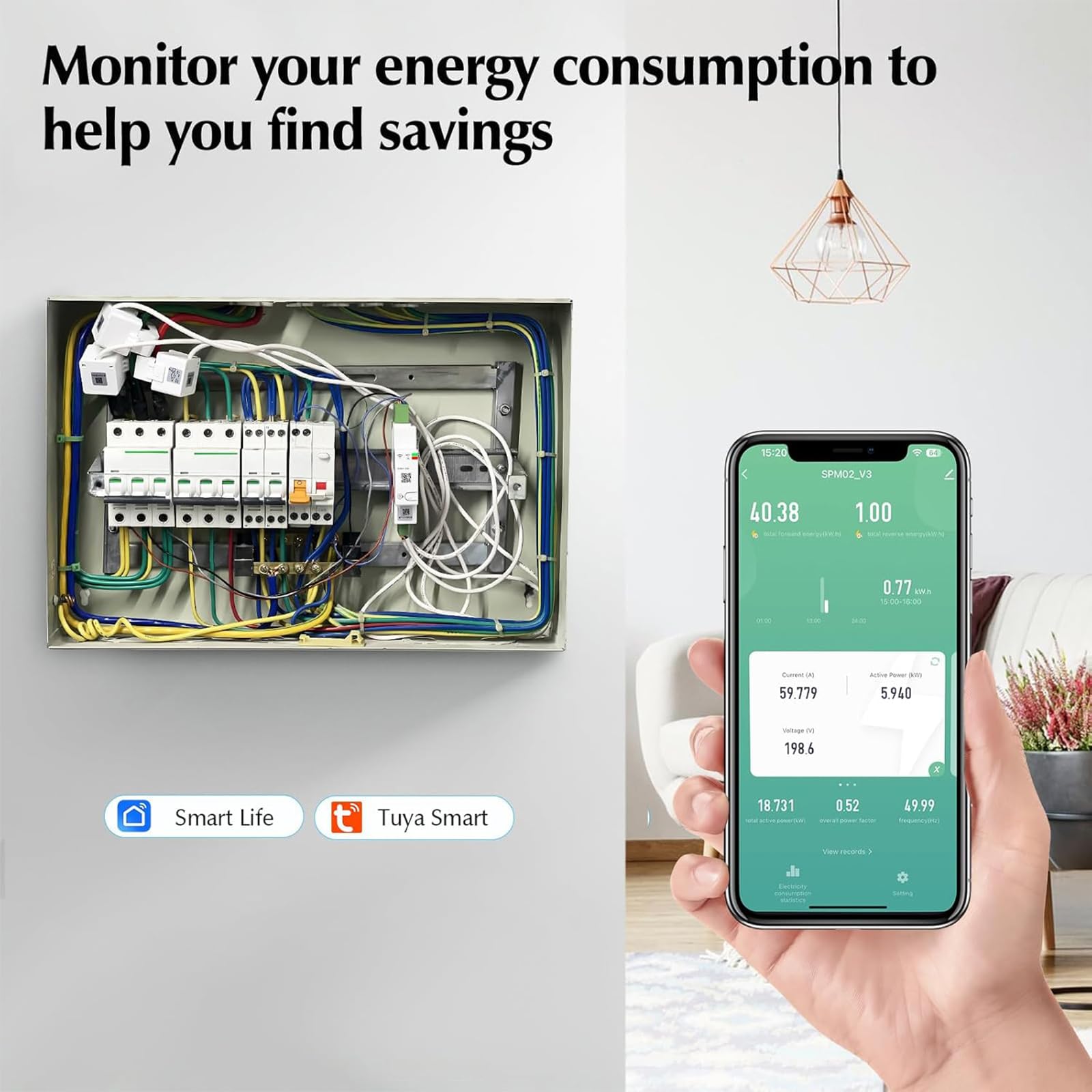 Yasorn Medidor de Energía Wi‑Fi 3 Fases 3×80A, Monitor Inteligente de Consumo y Potencia, Medición en Tiempo Real vía App Smart Life/Tuya, Montaje en Carril DIN, Compatible Alexa & Google
