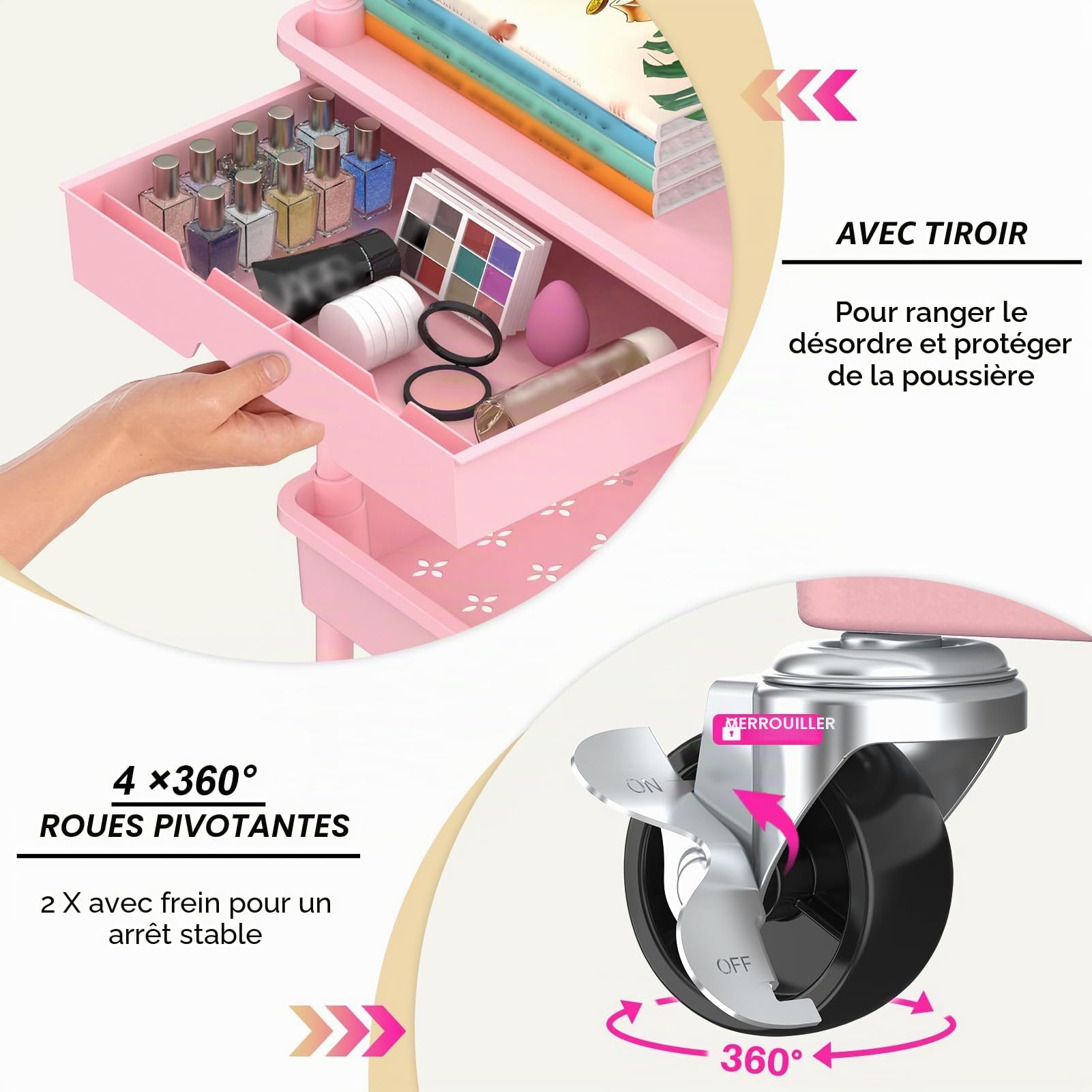 Yeabett Chariot de rangement à 3 niveaux, chariot utilitaire sur roulettes avec tiroir pour cuisine, salle de bain, bureau, salon, rose
