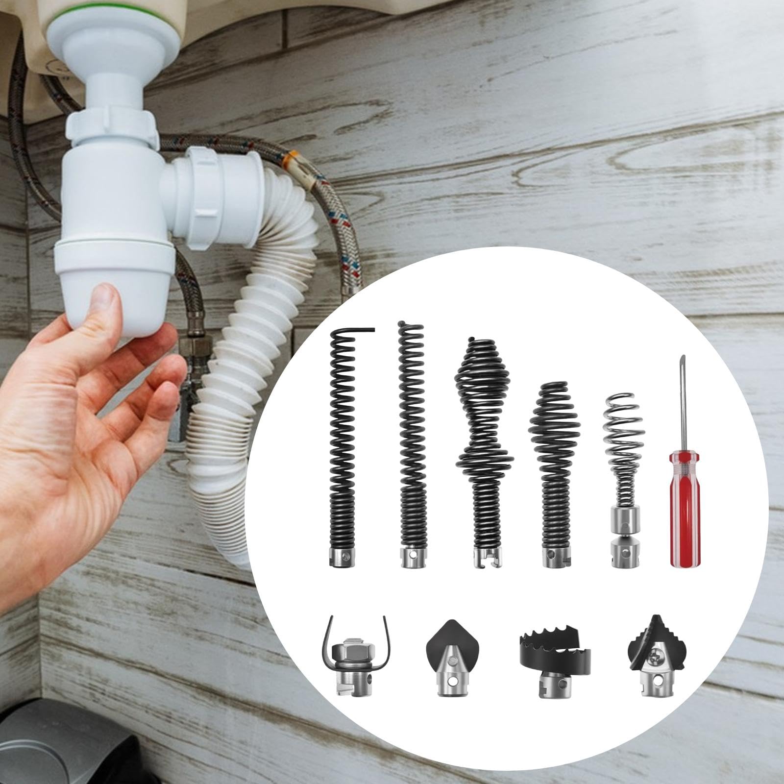 Kit de Limpieza de Tuberías Metálicas (8 Piezas) Que Incluye Una de Resorte Y Un Cabezal de Corte, Ideal para Servicios de Plomería Y, Juego de 10