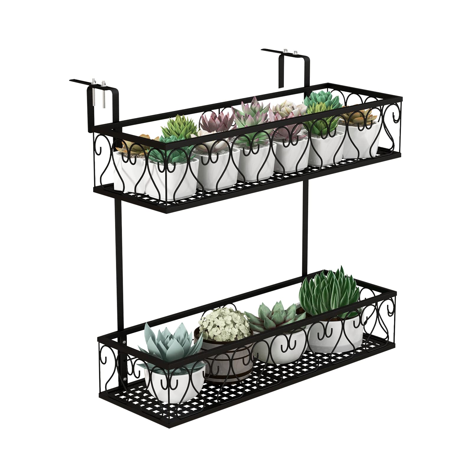 FANTASK 2-stöckiges Blumenregal Balkon, 60 x 33 x 59 cm, Blumentopfhalter Metall mit verstellbaren Haken, Hängeregal, Topfpflanzenbehälter für Garten Balkon Terrasse (Schwarz)