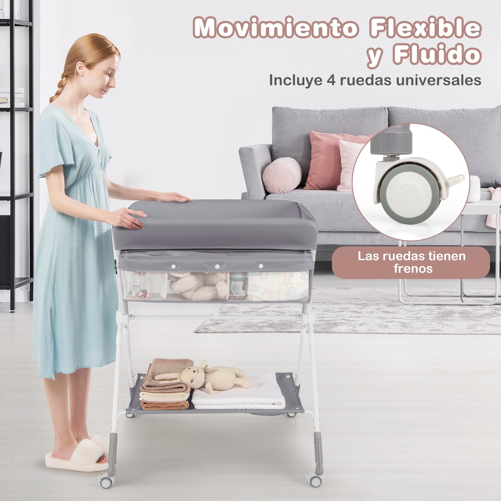 COSTWAY Cambiadora Bebé Portátil, Cambiador Plegable con Altura Ajustable de 3 Niveles, Organizador Móvil para Recién Nacidos con Cesta, Toallero, Estante y Ruedas Universales con Freno (Gris)