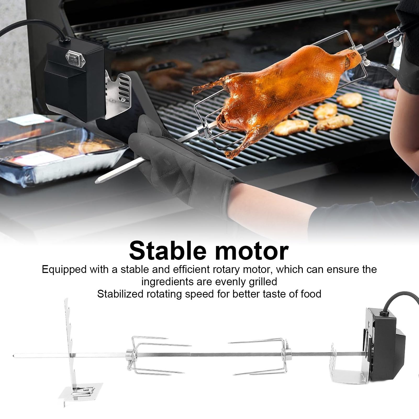 Rotisserie Grill Kit, Automatic Rotating BBQ, Stainless Steel Universal Grill Rotisseries with 120V 4W Motor, 24” Spit Rod, 2 Forks, Heavy Duty BBQ Rotisserie Kit for Backyard