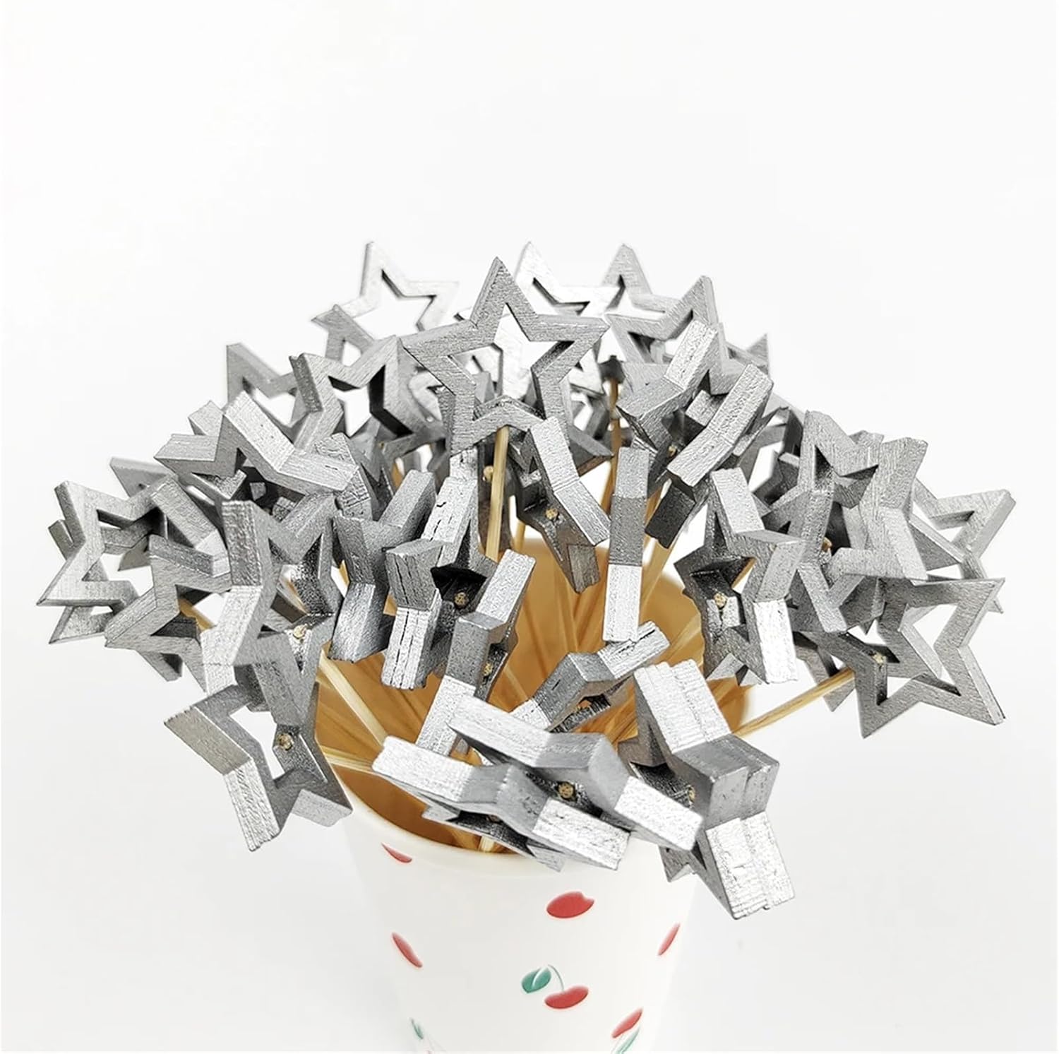 Fruit Skewers 100Pcs Star Disposable Bamboo Skewers Gold Silver Buffet Fruit Food Picks Cocktail Sticks Christmas Decoration Birthday Wedding(Color2)