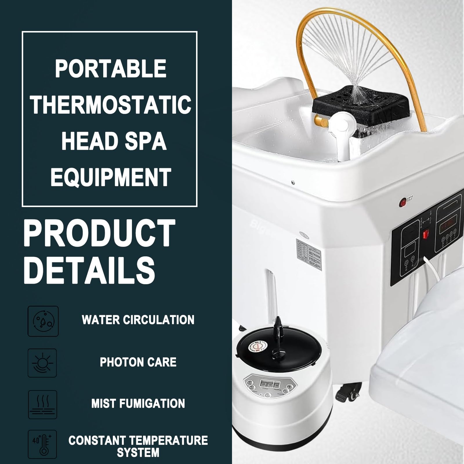 Lavatesta Mobile Multifunzionale 60L, Apparecchio per Spa con Circulazione dell'acqua e Serbatoio Removibile, Terapia della Luce e Massaggio,White-Package2