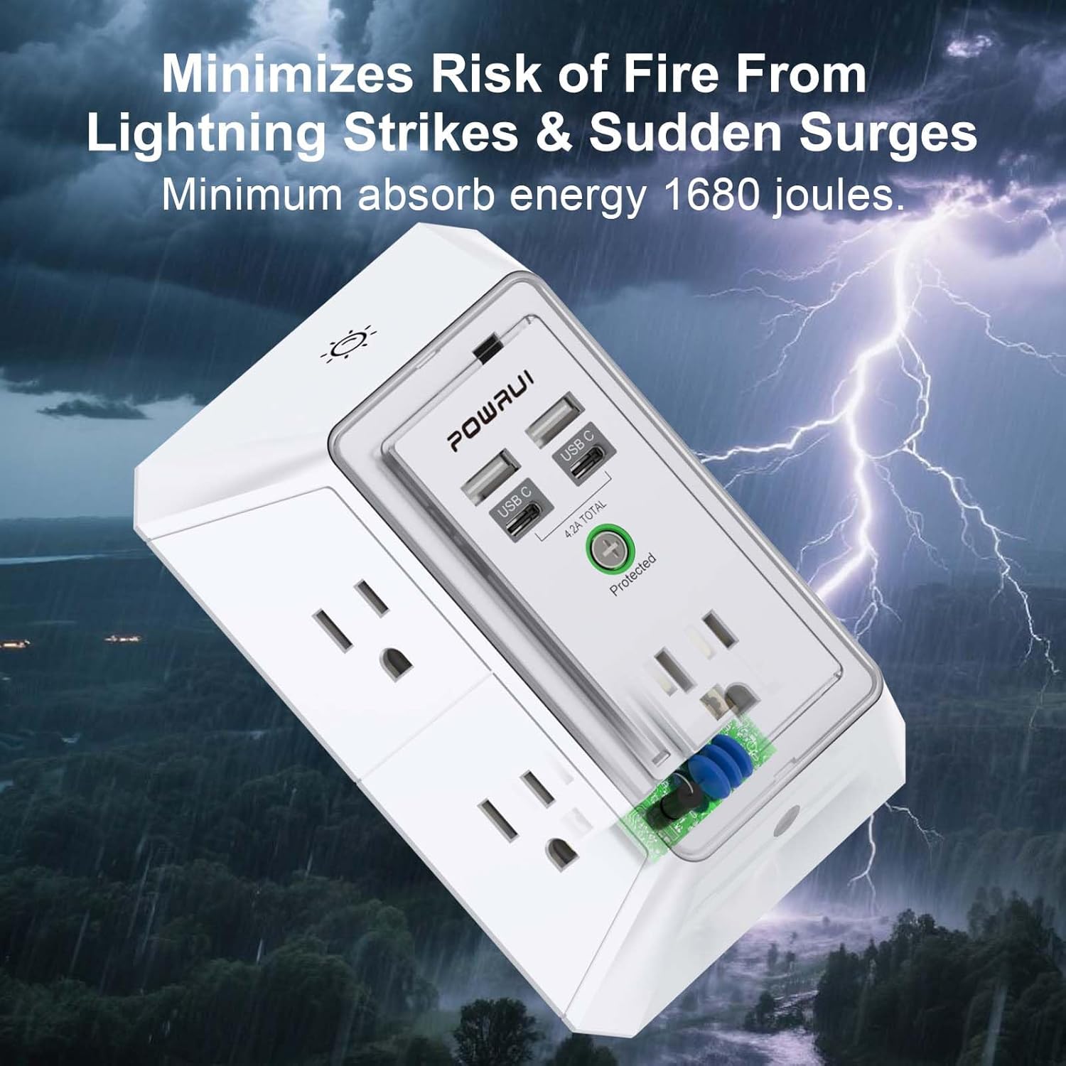 3-Sided Outlet Extender with Night Light - POWRUI Multi Plug Outlet with 5 Outlets and 4 USB Ports(2 USB-C), USB Wall Charger for Home, Office, Travel, ETL Listed, White
