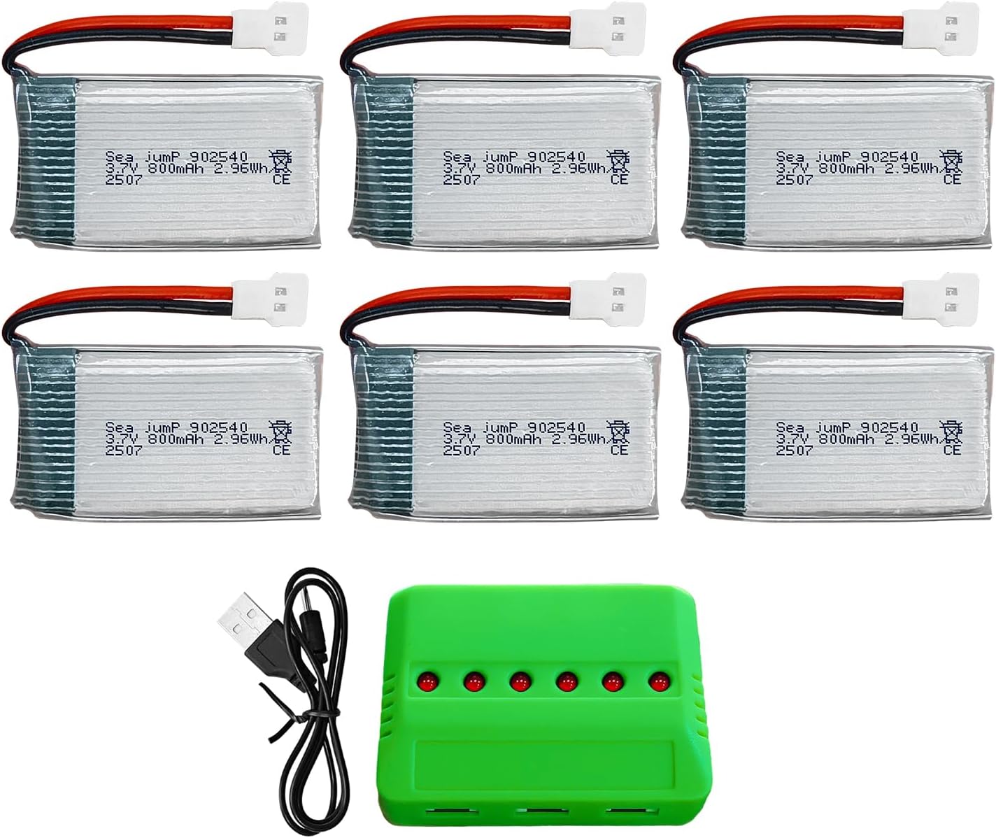 sea jump 6PCS 3.7V 800mAh 25C Lipo Battery with Molex Plug and 6in1 Charger Compatible with WLtoys SYMA Most Drone Quadcopters, Aerial Drones, Gliders, Robot Batteries