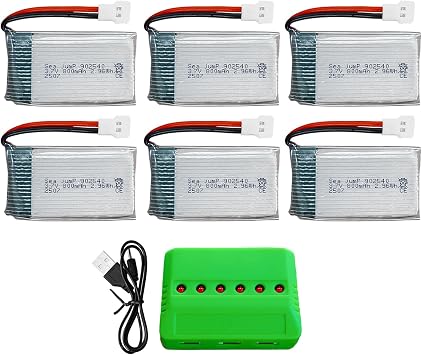 sea jump 6PCS 3.7V 800mAh 25C Lipo Battery with Molex Plug and 6in1 Charger Compatible with WLtoys SYMA Most Drone Quadcopters, Aerial Drones, Gliders, Robot Batteries