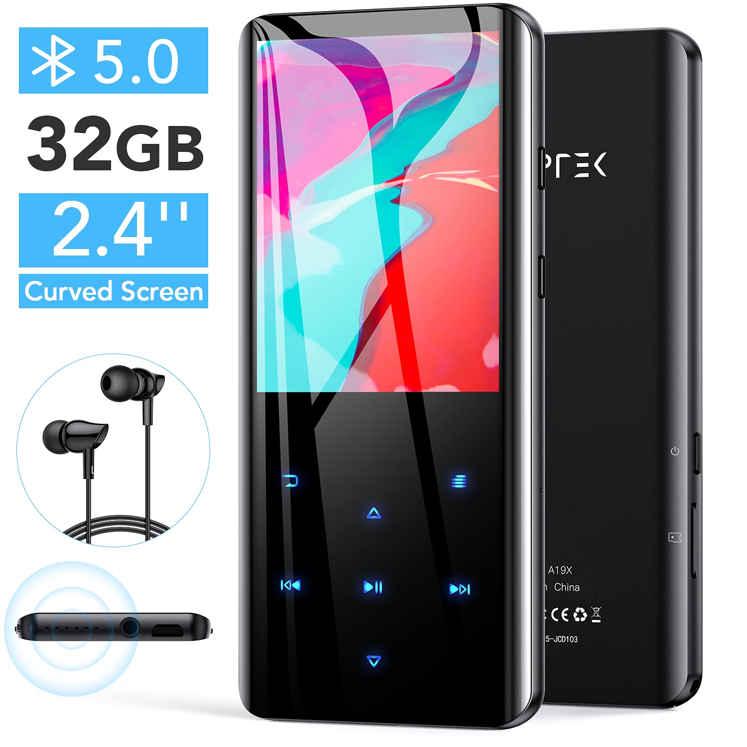32GB MP3 Player with Bluetooth 5.0, AGPTEK A19X 2.4" Curved Screen