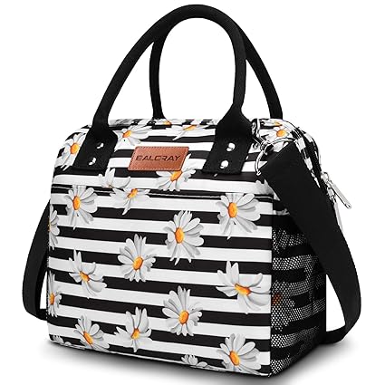 BALORAY Lunch Bag for Women Men, Large Adult Insulated Lunch Box for Office Work Picnic Beach, Leakproof Lunch Cooler Tote Bag with Adjustable Shoulder Strap (Daisy with stripes)
