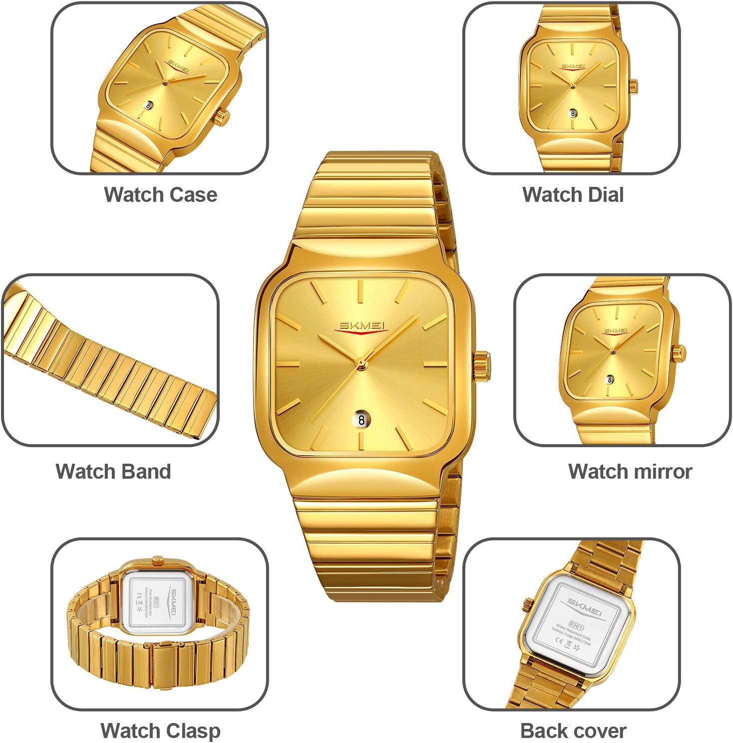 Gosasa Classic Square Watch for Men Fashion Analog Quartz Stainless Steel Band Waterproof Men’s Business Dress Wrist Watch with Calendar