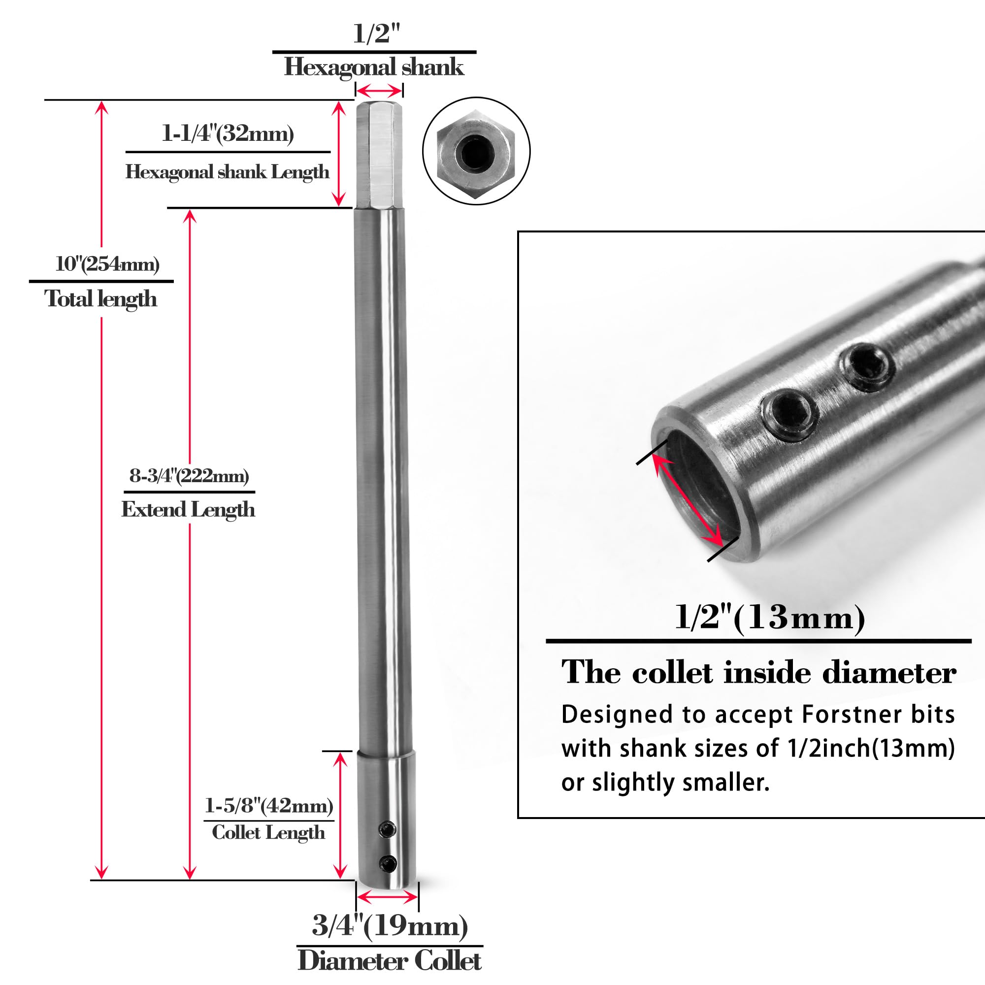 ASNOMY Bardzo długie przedłużenie wiertła 254 mm z trzpieniem 1/2", przedłużenie uchwytu mocującego do dodawania głębokości wiercenia ponad 222 mm do trzpienia okrągłego lub sześciokątnego 12,7 mm
