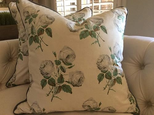 MangGou Funda de almohada clásica floral en gris suave verde sobre lino blanco crudo con lino gris chinoiserie funda de cojín decorativa para el