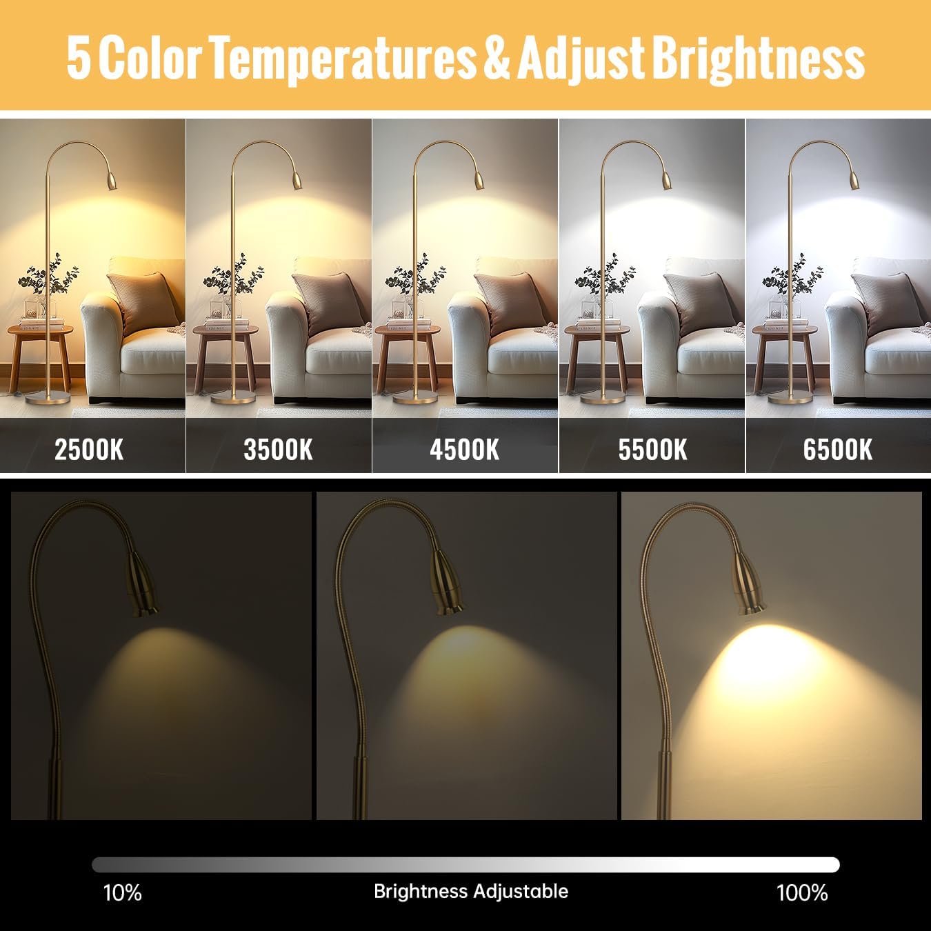 Reading Floor Lamp, 73" Standing Lamp with Dimmable Zoomable LED Spotlight, Adjustable Color Beam and Flexible Gooseneck, Remote & Pedal Control, for Reading Bedroom Crafting (Antique Brass)