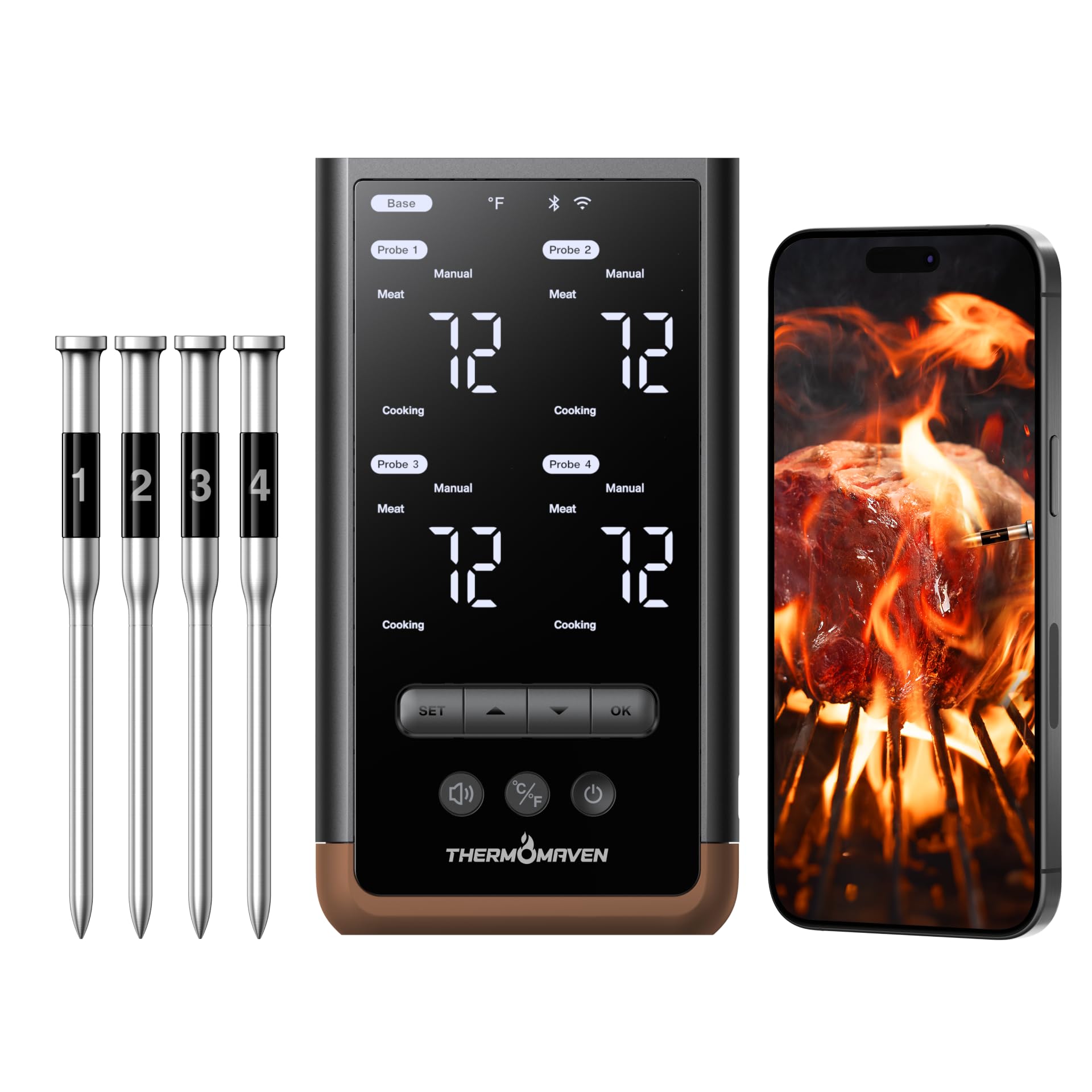 ThermoMaven Smartes Fleischthermometer Kabellose mit Basisstation, Bluetooth & WLAN, 4 Fühler, 6 Sensoren, NIST-zertifiziert, große, stabile WLAN-Reichweite, für Smoker, Backofen & BBQ, Braun
