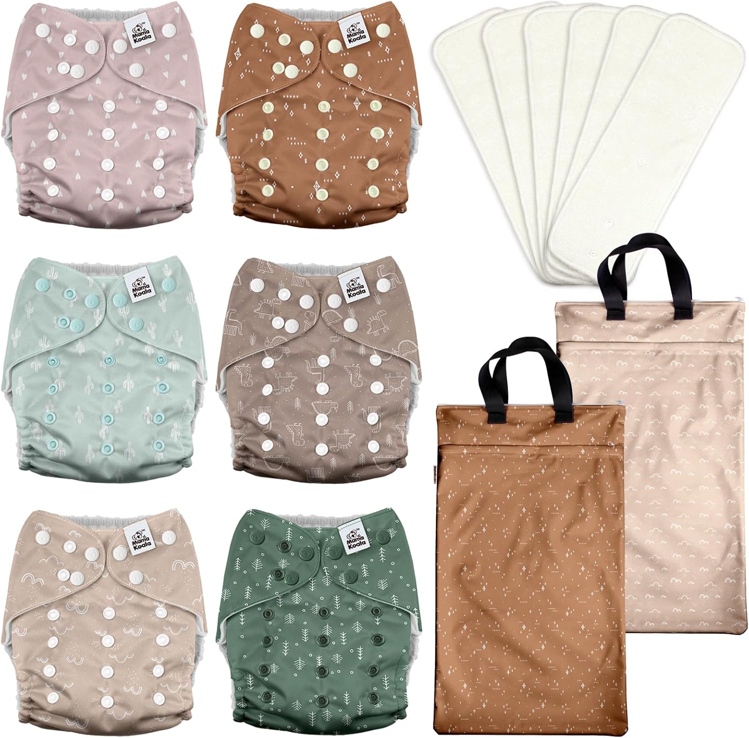 Mama Koala 3.0 Baby Cloth Diapers with 6 Inserts Bundle, with 2 Pack Reusable Hanging Wet Dry Bag