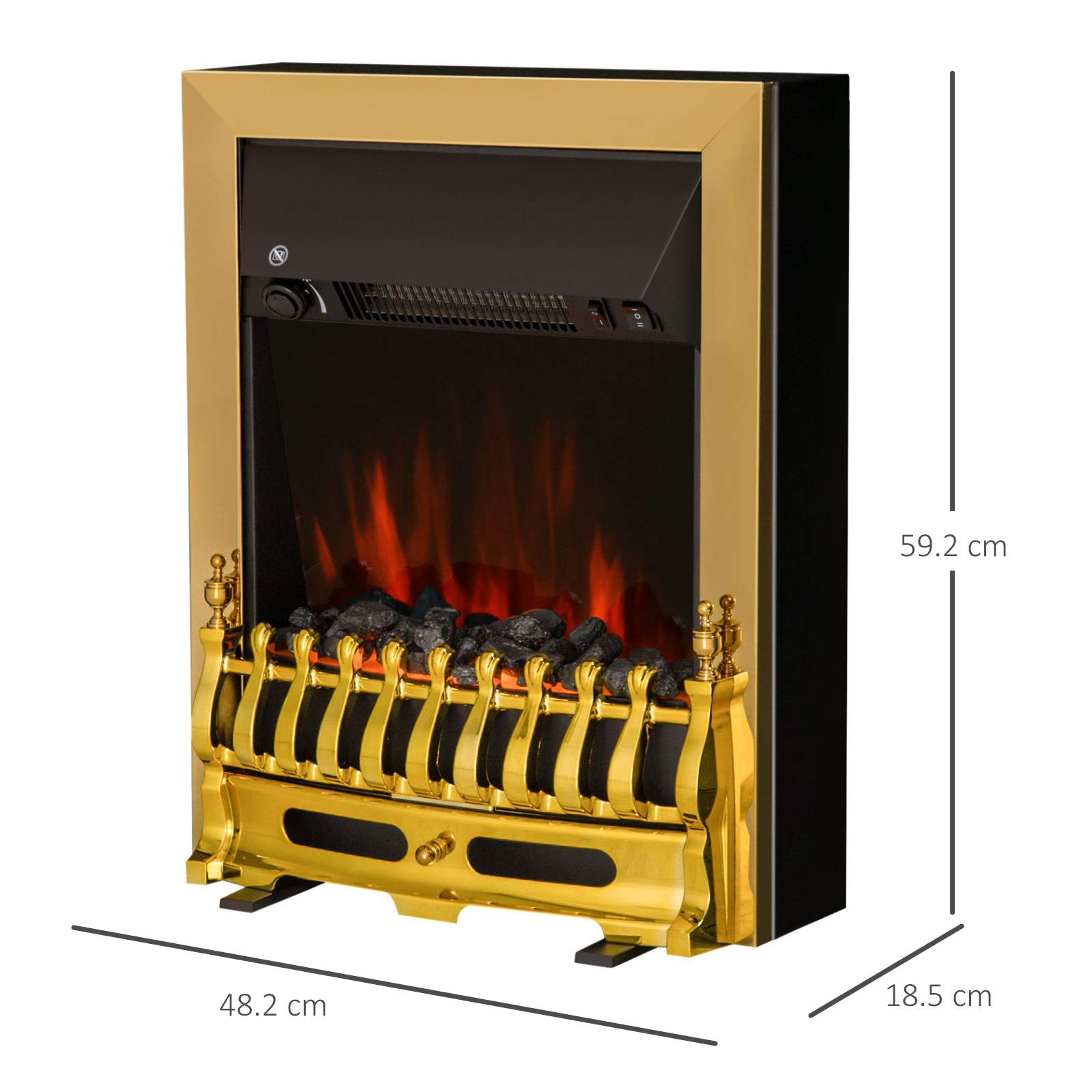 HOMCOM Camino Elettrico da Terra 1000/2000 W, Effetto Fiamma LED, Oro | Caminetto Elettrico, Protezione da Surriscaldamento e Ribaltamento, Riscaldamento Regolabile