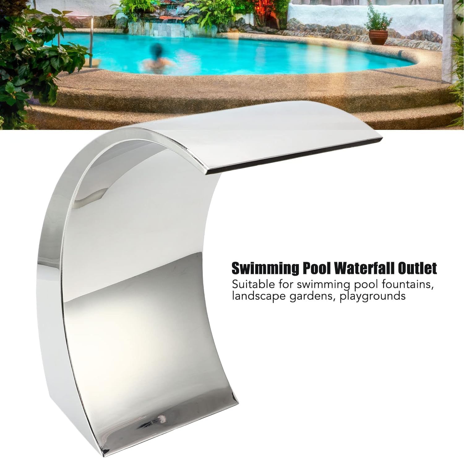 Stainless Steel Pool Waterfall Fountain Nozzle, Arc Design G1 1/2 Thread, Ideal for Swimming Pools, Gardens, Outdoor Ponds, and Spas - Elegant Water Feature