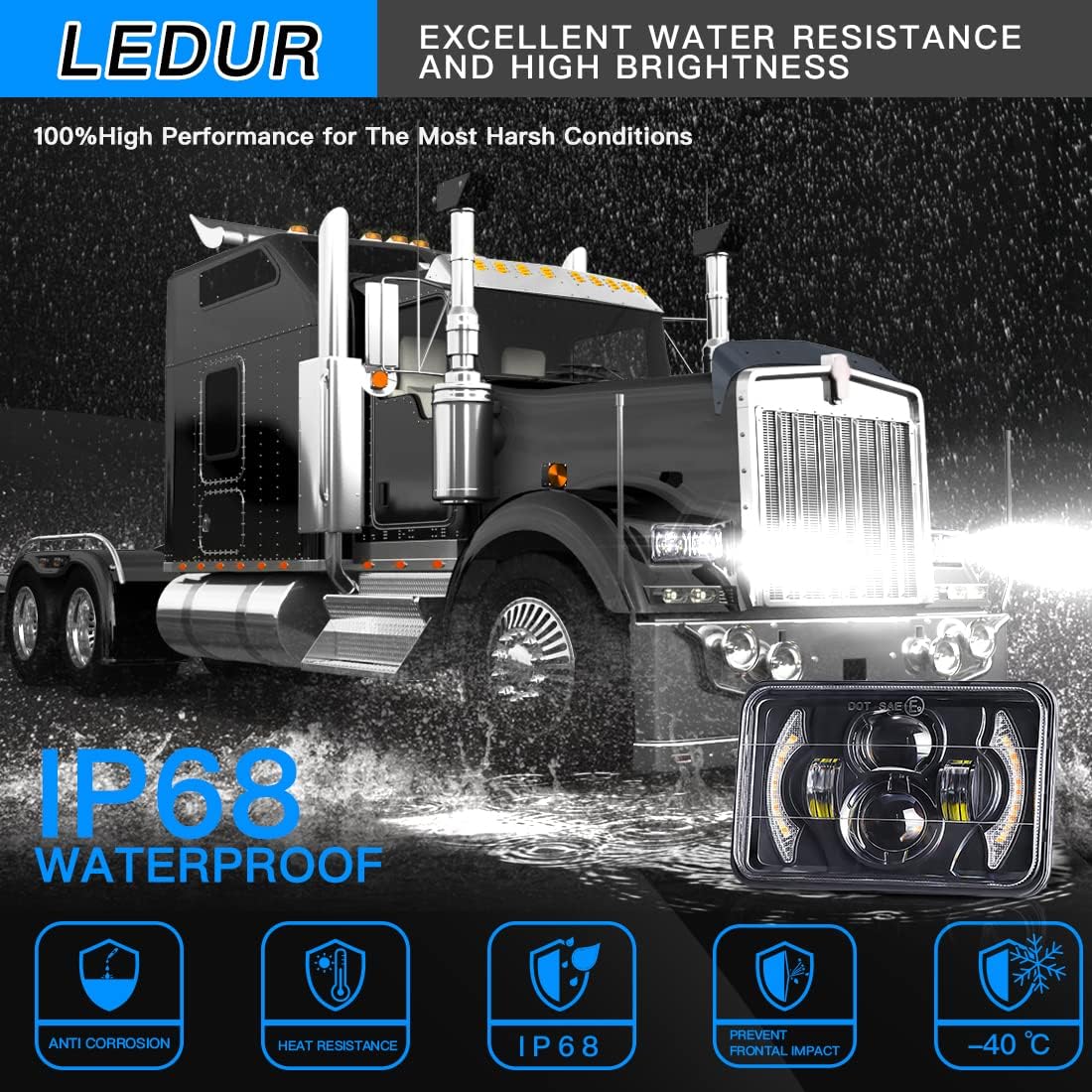 LEDUR 4x6 LED Headlights DOT Approved 4pcs With Turn Signal DRL Hi/Low Sealed Beam Rectangle H6545 Led Head Light with H4651 H4652 H4656 H4666 H6545 for Kenworth T800 W900 T600 Freightline