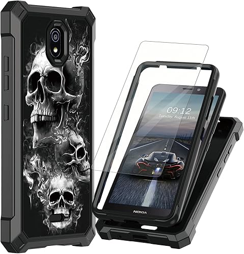 Funda para Nokia C100 con protector de pantalla de vidrio templado, doble capa resistente a prueba de golpes de policarbonato duro + cubierta de