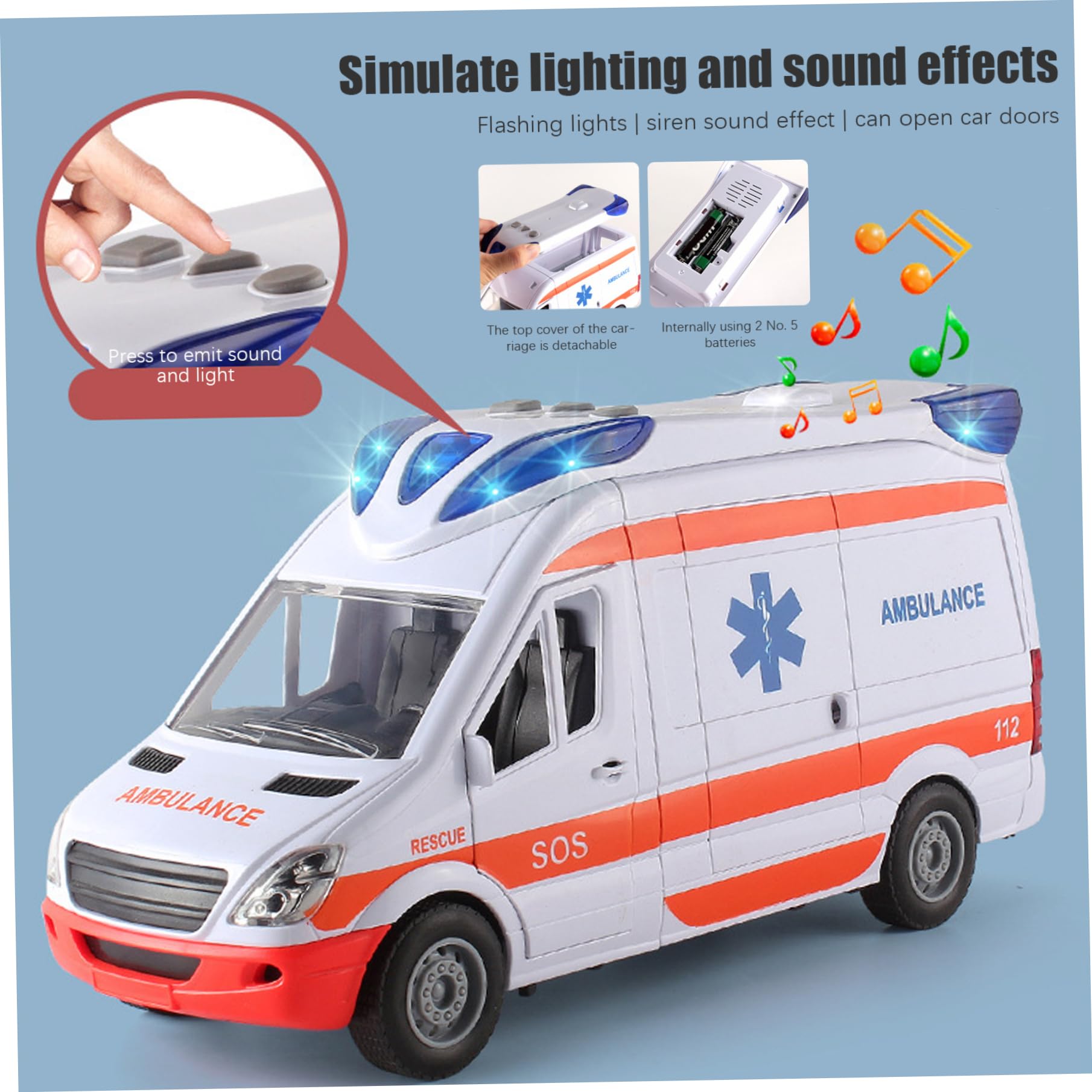 1pc Ambulance Juguete con Luces y Sonidos simulación Ambulancia de Juguete de batería con 5 Puertas Abiertas Vehículo de Juguete de inercia para niños Antimitaciones de 3+ cumpleaños