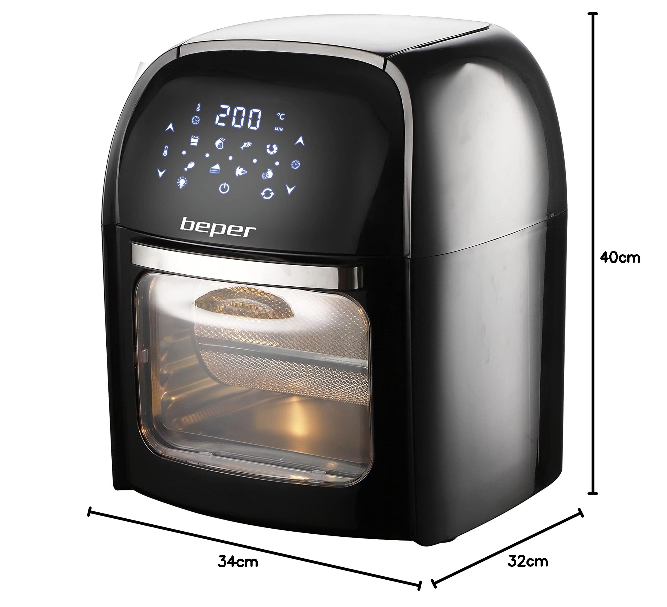 BEPER P101FRI012 Digitale Heißluft Fritteuse, Girarrosto, Ofen, Toaster, Trockner,12L, 1800W, Touch-Panel, 8 Programme, Zubehör, Verstellbar, Schwarz