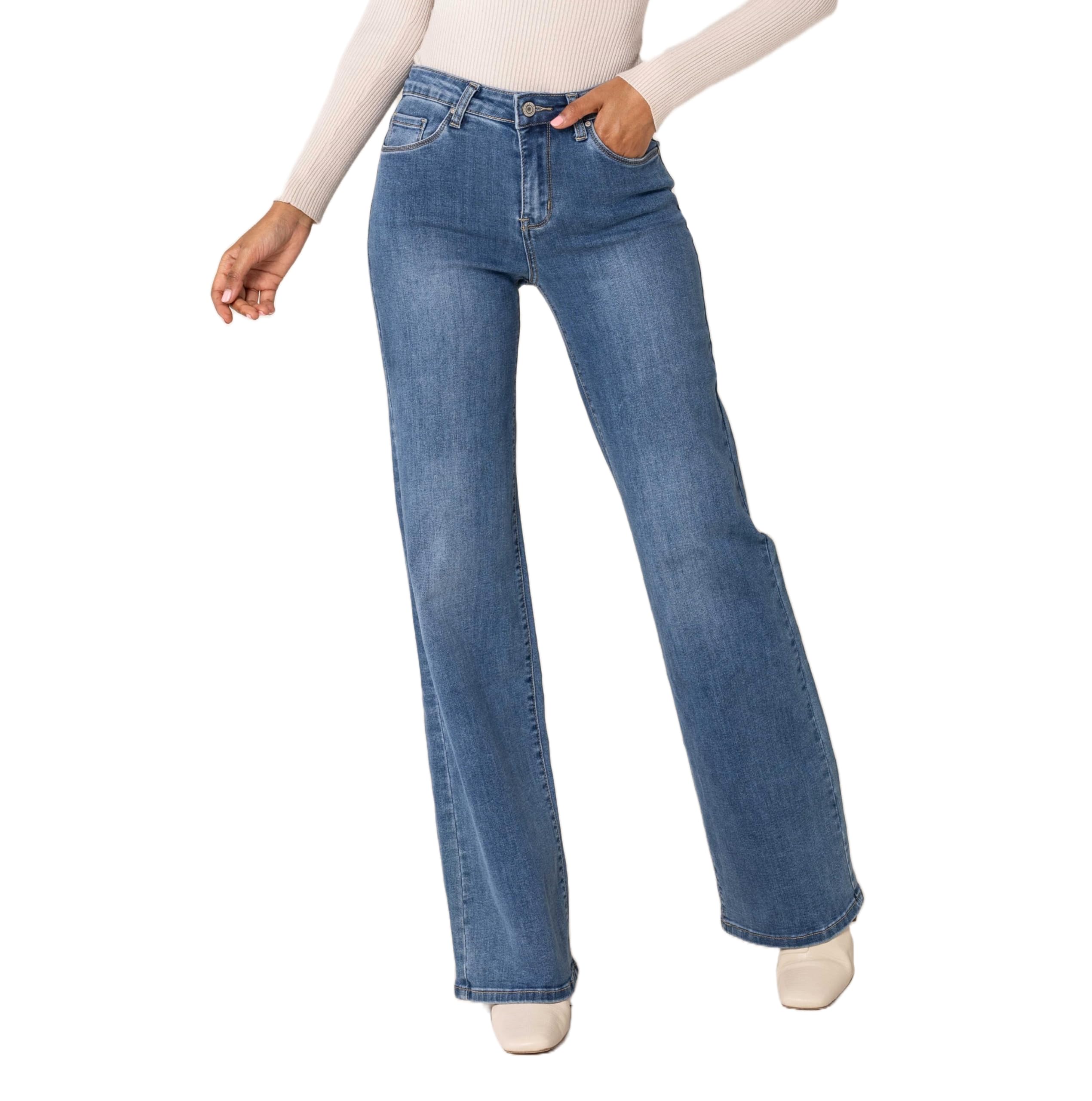 Nina Carter YY300 - Jean Taille Haute Femme Extensible Évasé Jambe Large - Look Usé Décontracté Chic