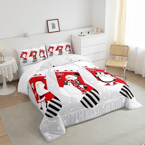 Miniatura 4 de Erosebridal Juego de edredón de calcetines de Navidad para niños, juego de edredón de Papá Noel, ropa de cama de Navidad, muñeco de nieve, pingüino,