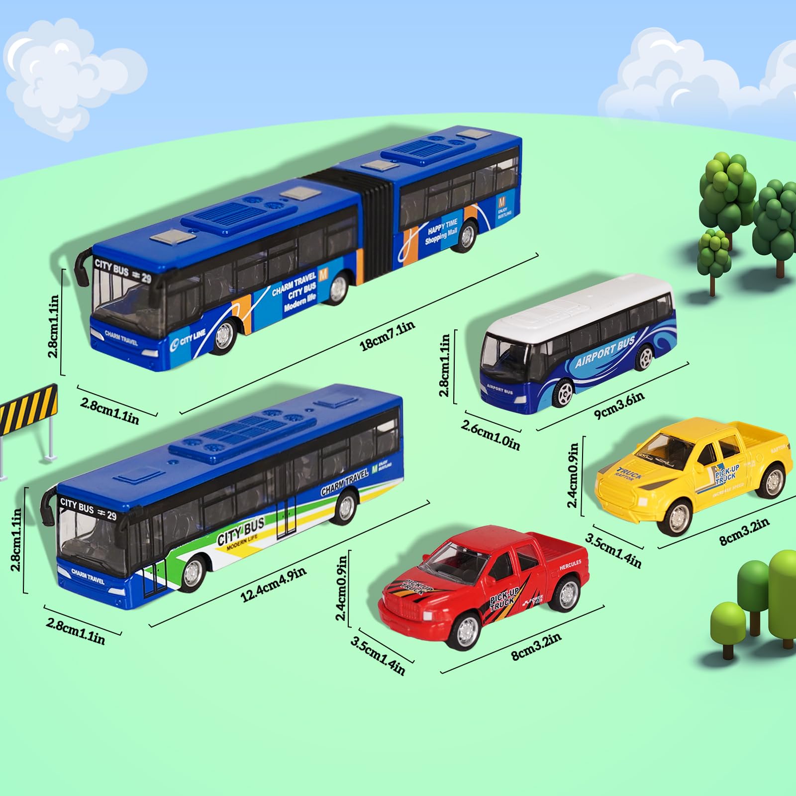 VBACALA Juego de 5 Autobuses de Juguete con Función Pull Back,Incluye Autobús Urbano, Aeropuerto, Articulado y 2 Camionetas,Juguetes para Niños +3 Años, Regalo Ideal para Navidad y Cumpleaños