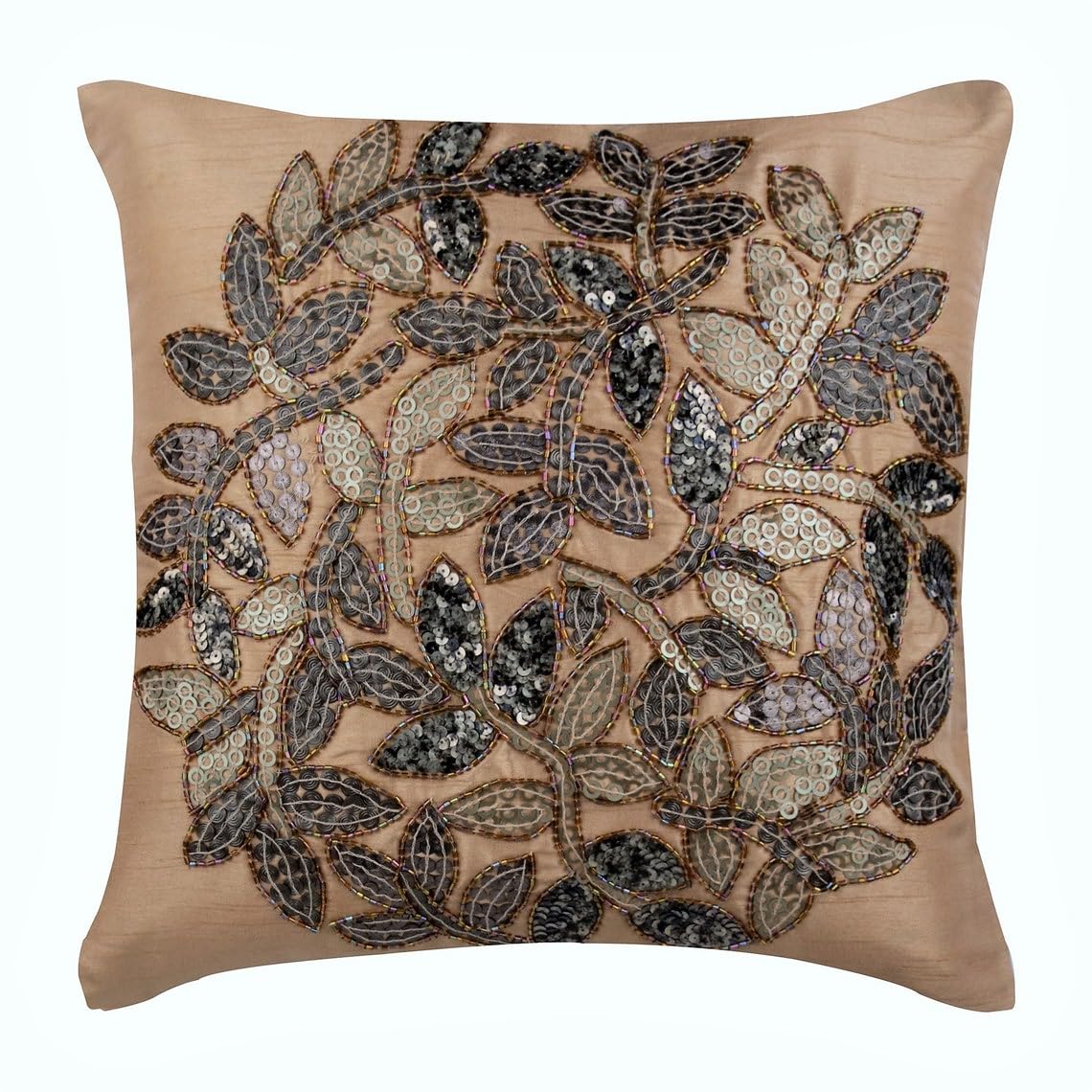 The HomeCentric Beige Cushion Covers, 3D Sequins Leaf Medallion Cushions Cover Pack of 2, 50x50 cm (20"x20") Cushions Cover Floral, Square Silk Cushions Covers for Couch, Art Deco - Leaf Rings โ image 1